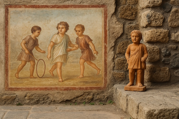 Kinder, Statue und Bild, in Pompeji aus der Antike