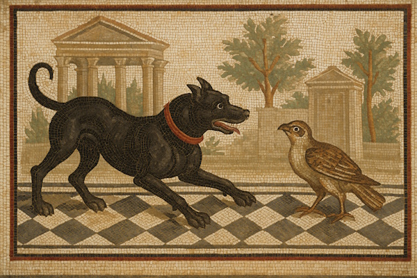Bekanntes Mosaik mit Hund und Vogel aus Pompeji