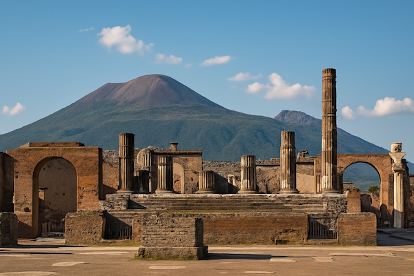 Pompeji im Vordergrund, der Vulkan Vesuv in Hintergrund
