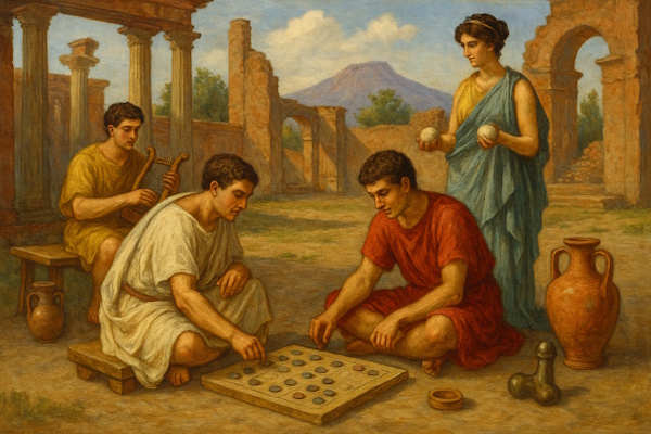 Brettspiel mit Spieler im antiken Pompeji vor dem Vulkanausbruch