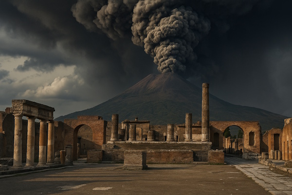 Nachbildung des Ausbruchs der Vesuvs in Pompeji - die Stadt im Vordergrund, hinten der Vesuv mit Rauch